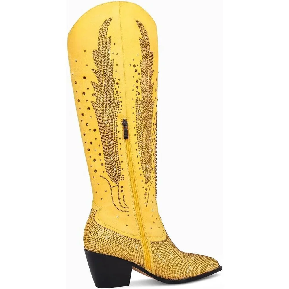 Women Polyurethane Yellow Knee High Pointed Toe Chunky Heel Rhinestone Boot